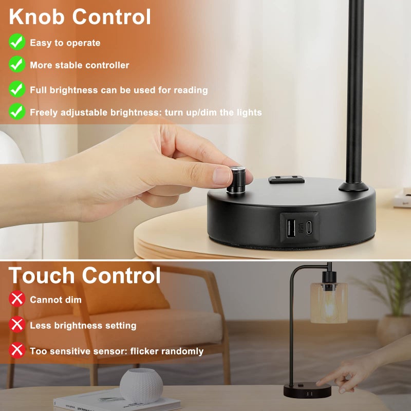 Innqoo Industrial Table Lamps for Bedrooms Set of 2 - Fully Dimmable Bedside Lamps with USB A and C Ports and Outlet, Black Nightstand Lamps with Glass Shade for Living Room, Desk Lamps for Office Reading - Image 4