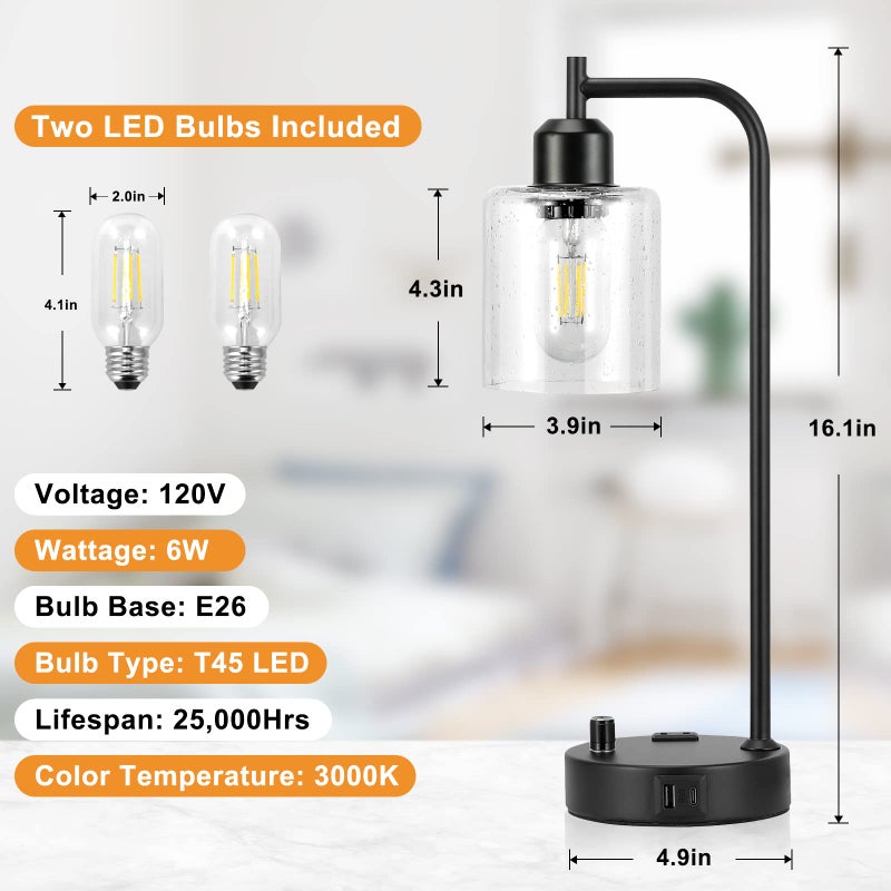 Innqoo Industrial Table Lamps for Bedrooms Set of 2 - Fully Dimmable Bedside Lamps with USB A and C Ports and Outlet, Black Nightstand Lamps with Glass Shade for Living Room, Desk Lamps for Office Reading - Image 2