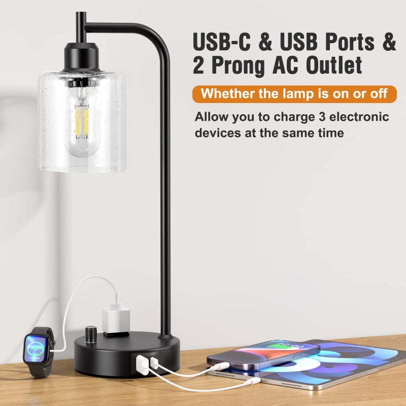 Innqoo Industrial Table Lamps for Bedrooms Set of 2 - Fully Dimmable Bedside Lamps with USB A and C Ports and Outlet, Black Nightstand Lamps with Glass Shade for Living Room, Desk Lamps for Office Reading - Image 5