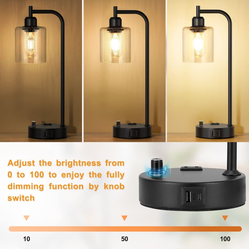 Innqoo Industrial Table Lamps for Bedrooms Set of 2 - Fully Dimmable Bedside Lamps with USB A and C Ports and Outlet, Black Nightstand Lamps with Glass Shade for Living Room, Desk Lamps for Office Reading - Image 3