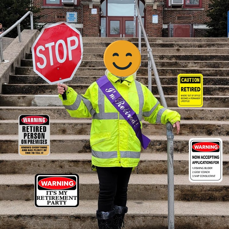 JunyRuny Happy Retirement Party Decorations - 9PCS Signs, Retirement Gifts for Women & Men, Table Centerpieces Yellow Caution Logos on Door Windows Yard Garden Warning Retired Person On Premises Sign - Image 4