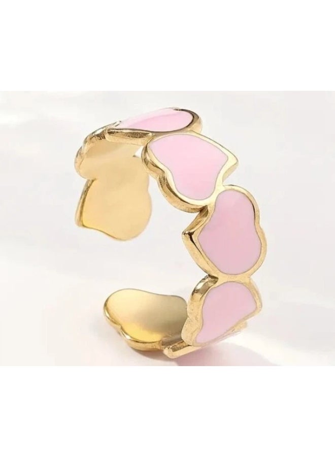 The Black Pearl Accessories Pink Enamel Hearts Free Size Stainless Steel Golden Ring - Image 1