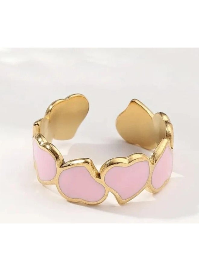 The Black Pearl Accessories Pink Enamel Hearts Free Size Stainless Steel Golden Ring - Image 2