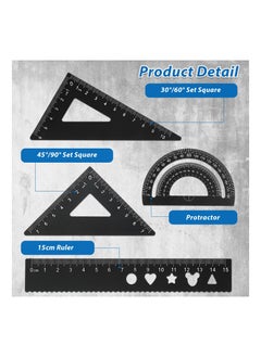 KASTWAVE 4Pcs Triangular Scale Ruler Set, Geometric Protractor Mathematical Triangle Ruler Aluminum Ruler for School and Office Supplies Math Rulers for Kids and Adults Draftsman (Black)  - Image 2