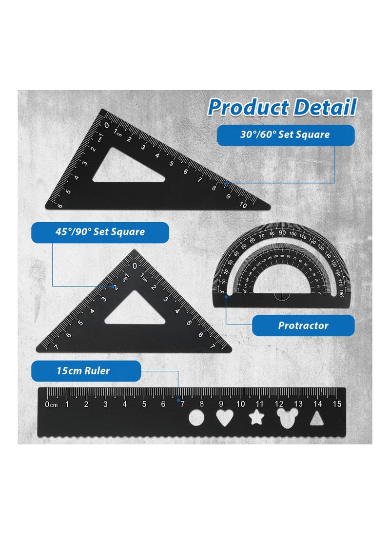 KASTWAVE 4Pcs Triangular Scale Ruler Set, Geometric Protractor Mathematical Triangle Ruler Aluminum Ruler for School and Office Supplies Math Rulers for Kids and Adults Draftsman (Black)  - Image 2