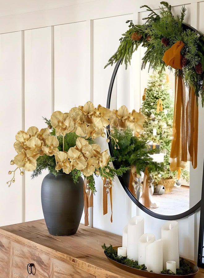 DILATATA Gold Glitter Artificial Orchid Stems 3 Pcs, 31.5" Christmas Fake Phalaenopsis Orchid Flowers, Sparkling Faux Orchid Branches for Xmas Tree Decorations, Table Centerpieces, Floral Arrangements - Image 4