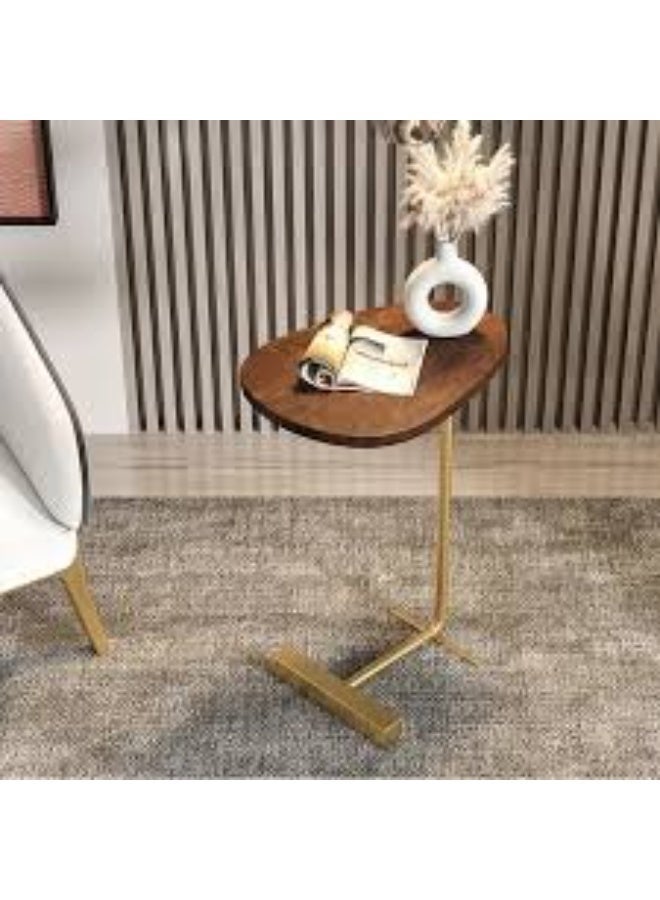 C-shaped side table features a walnut-finished engineered wood top and a gold-finished metal frame. - Image 4