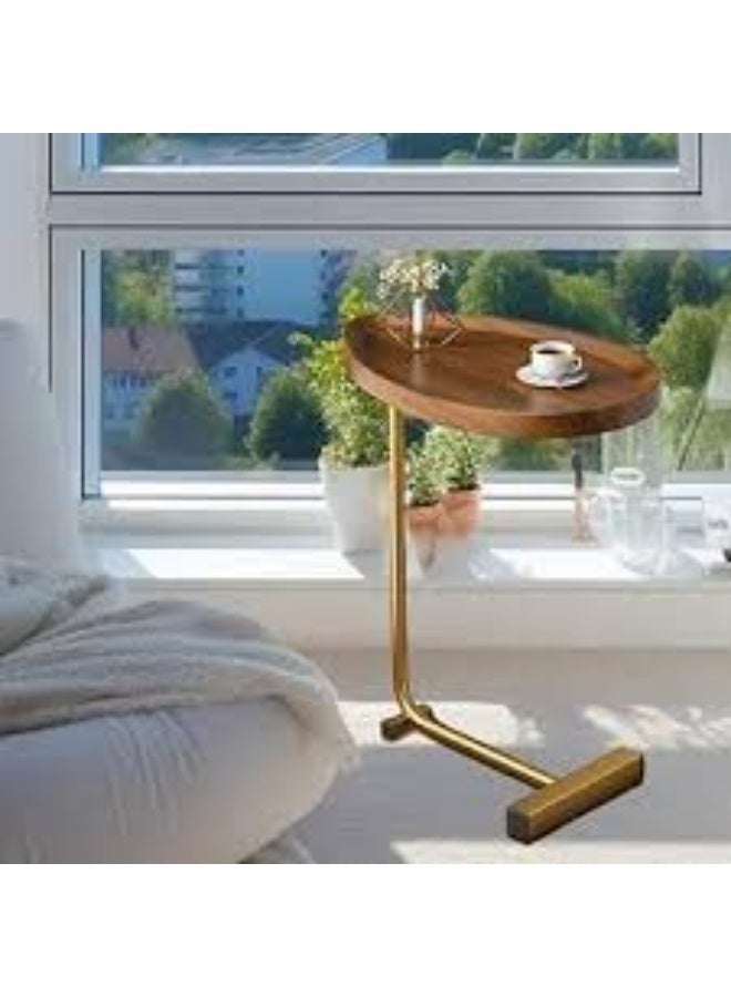 C-shaped side table features a walnut-finished engineered wood top and a gold-finished metal frame. - Image 3