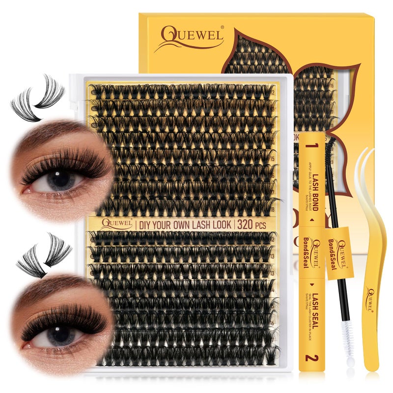 QUEWEL DIY Lash Extension Kit 320Pcs 60D80D Lash Clusters Kit Mix 1218mm 3D Eyelash Clusters with Lash Bond and Seal and Lash Tweezers Easily Create 3D Lashes Clusters at Home 6080D Kit