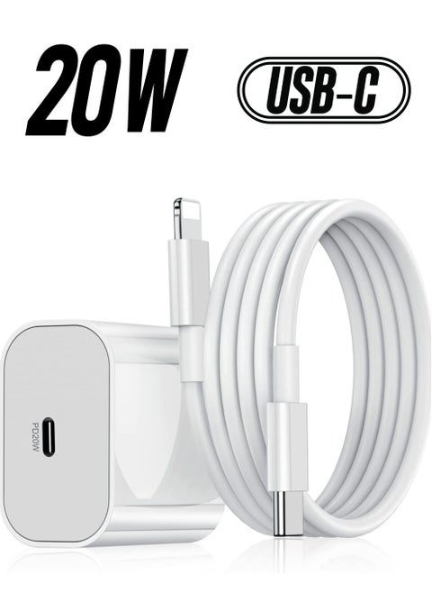 20W PD Charger for iPhone 14 | iPhone 14 Pro Type C Power Charger Adapter with USB C to Light-ning Cable Compatible for iPhone Charger 13, 12, 11, X and Later Series (Charger) - White