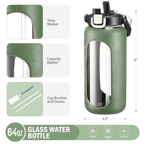 BLUEGO 64oz Glass Water Bottles with Straw Time Marker Half Gallon Large Motivational Water Bottle with Silicone Sleeve 2 Liter Large Glass Water Jug for Gym, Sports& Workout, Daily, Olive - Image 3