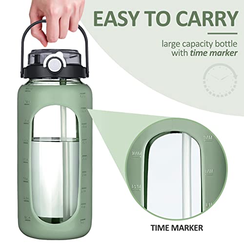 BLUEGO 64oz Glass Water Bottles with Straw Time Marker Half Gallon Large Motivational Water Bottle with Silicone Sleeve 2 Liter Large Glass Water Jug for Gym, Sports& Workout, Daily, Olive - Image 5