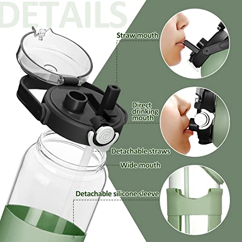 BLUEGO 64oz Glass Water Bottles with Straw Time Marker Half Gallon Large Motivational Water Bottle with Silicone Sleeve 2 Liter Large Glass Water Jug for Gym, Sports& Workout, Daily, Olive - Image 4