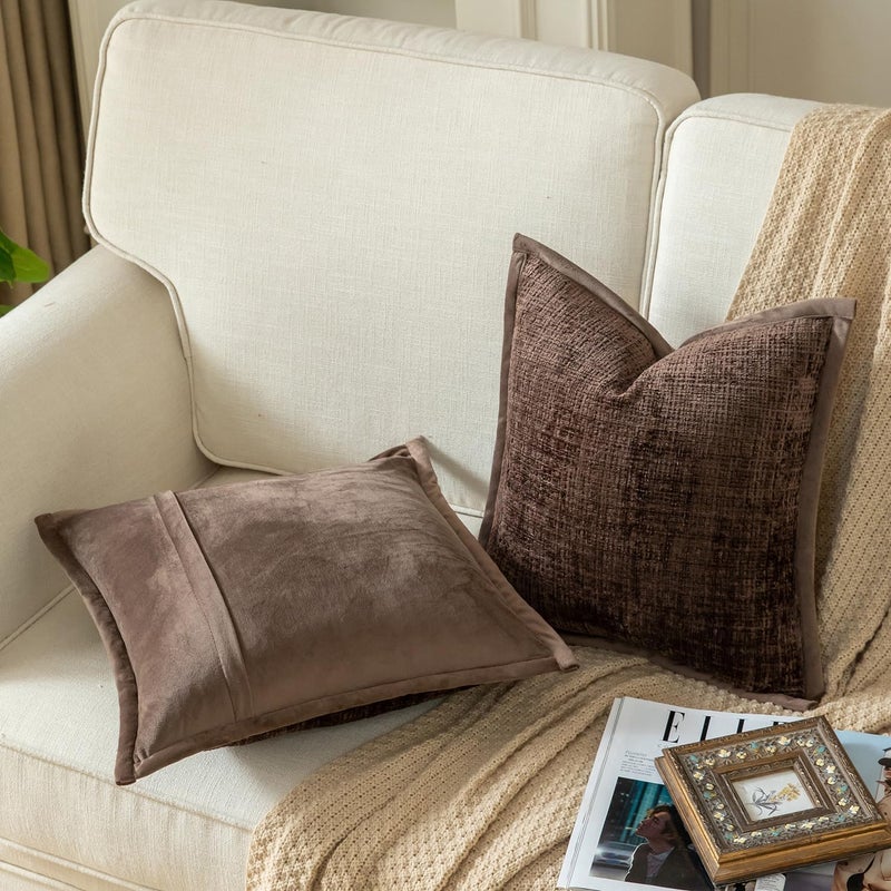 Yaertun Pack of 2 Chenille Textured Decorative Throw Pillow Covers Accent Solid Cushion Cover Soft Cozy Pillow Case with Velvet Back for Couch Sofa Bed Living Room 18x18 Inch Coffee - Image 2