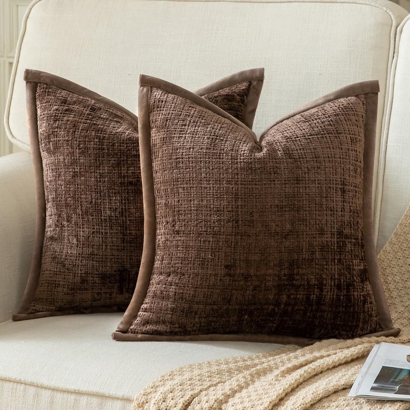 Yaertun Pack of 2 Chenille Textured Decorative Throw Pillow Covers Accent Solid Cushion Cover Soft Cozy Pillow Case with Velvet Back for Couch Sofa Bed Living Room 18x18 Inch Coffee - Image 1