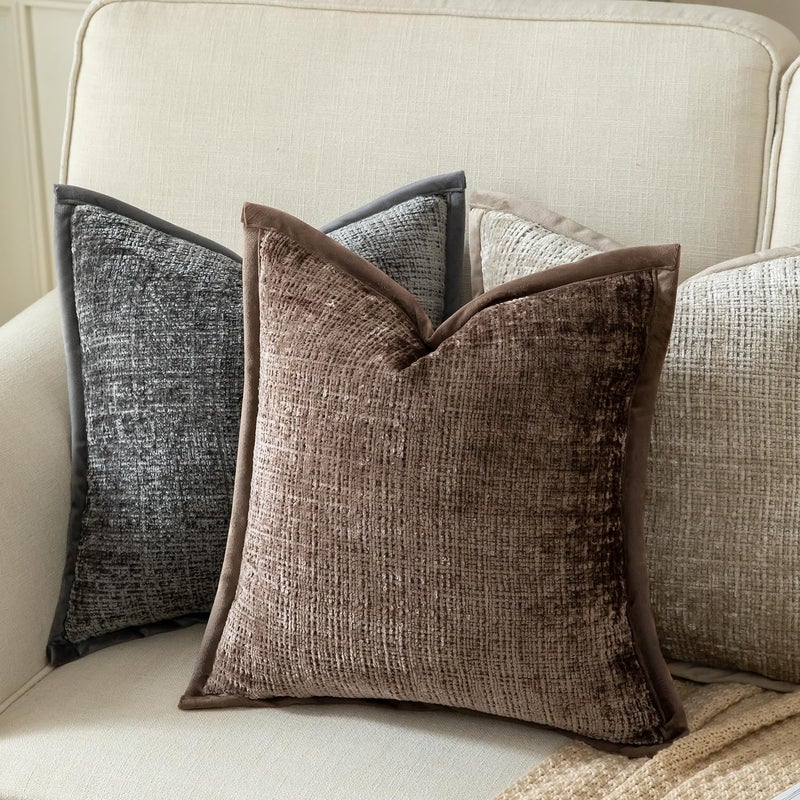 Yaertun Pack of 2 Chenille Textured Decorative Throw Pillow Covers Accent Solid Cushion Cover Soft Cozy Pillow Case with Velvet Back for Couch Sofa Bed Living Room 18x18 Inch Coffee - Image 5
