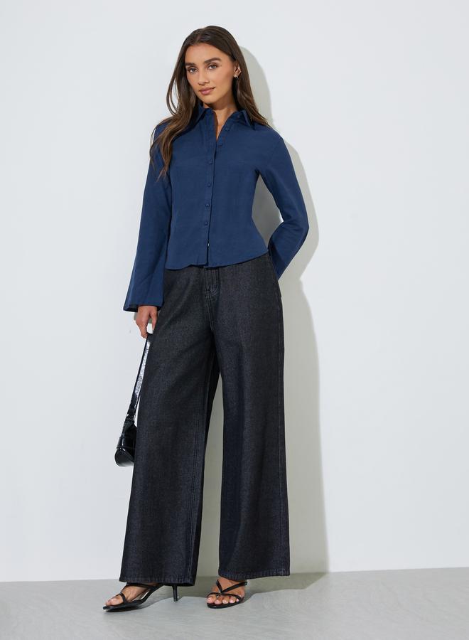 Styli Navy Blue Solid Bell Sleeves Fitted Shirt - Image 2