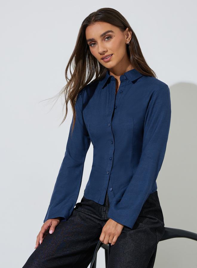 Styli Navy Blue Solid Bell Sleeves Fitted Shirt - Image 1