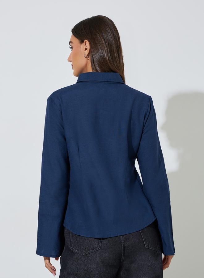 Styli Navy Blue Solid Bell Sleeves Fitted Shirt - Image 4