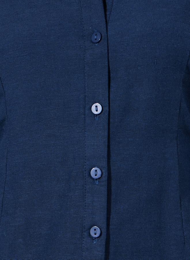 Styli Navy Blue Solid Bell Sleeves Fitted Shirt - Image 3