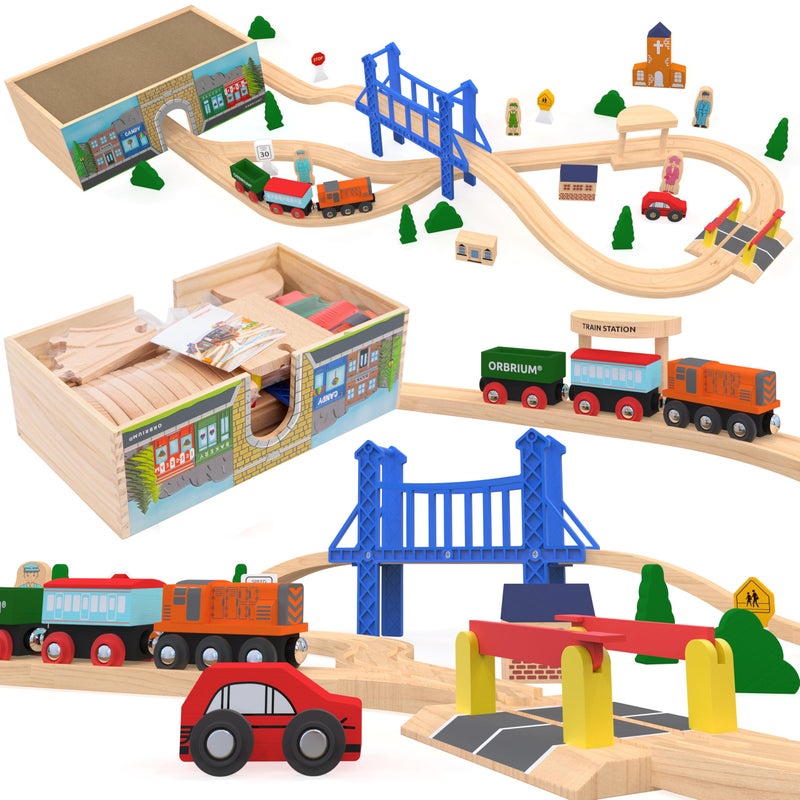 Orbrium Wooden Train Set Deluxe 52 Pcs with Storage Gift Box Tunnel 9 Layouts Magnetic Trains STEM Montessori Toys Playset for Grandkids Toddler Boys Girls Kids 3 compatible with Thomas Brio Melissa and Doug - Image 2