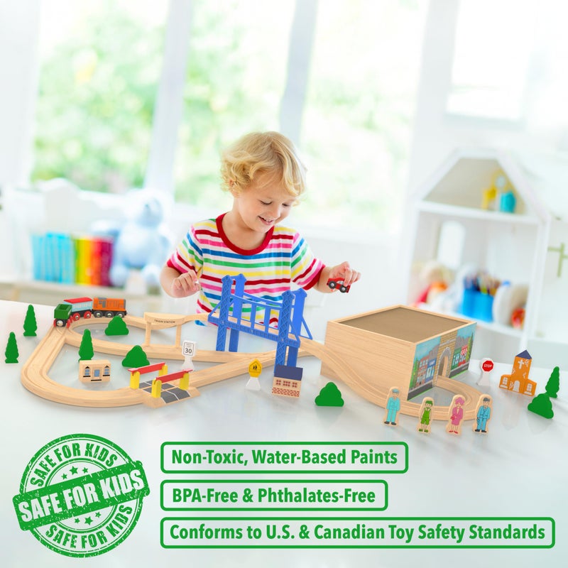 Orbrium Wooden Train Set Deluxe 52 Pcs with Storage Gift Box Tunnel 9 Layouts Magnetic Trains STEM Montessori Toys Playset for Grandkids Toddler Boys Girls Kids 3 compatible with Thomas Brio Melissa and Doug - Image 3