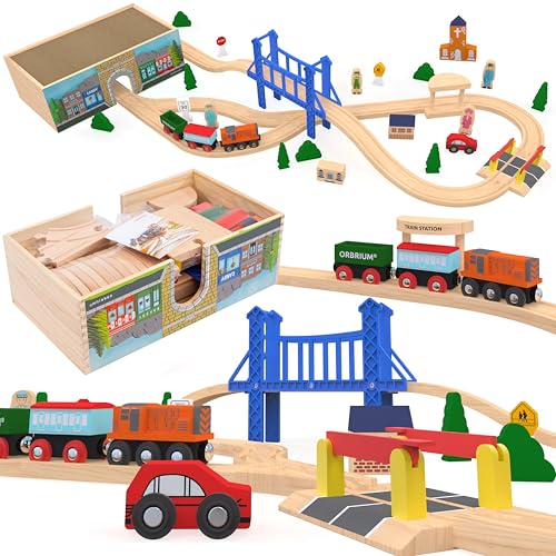 Orbrium Wooden Train Set Deluxe 52 Pcs with Storage Gift Box Tunnel 9 Layouts Magnetic Trains STEM Montessori Toys Playset for Grandkids Toddler Boys Girls Kids 3 compatible with Thomas Brio Melissa and Doug - Image 1