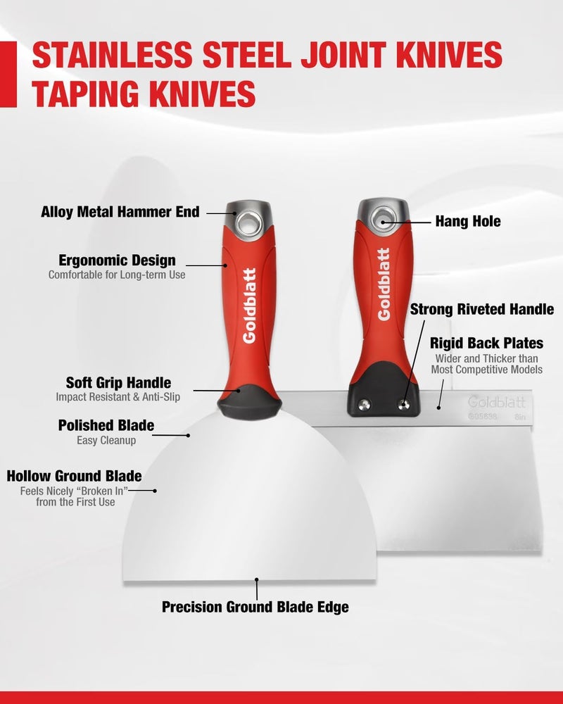 Goldblatt Drywall Hand Tool Kit - 14 in 1, 6 Pieces Stainless Steel Joint Knife, Taping Knives, Paniter Scraper, Mud Pan - Image 3