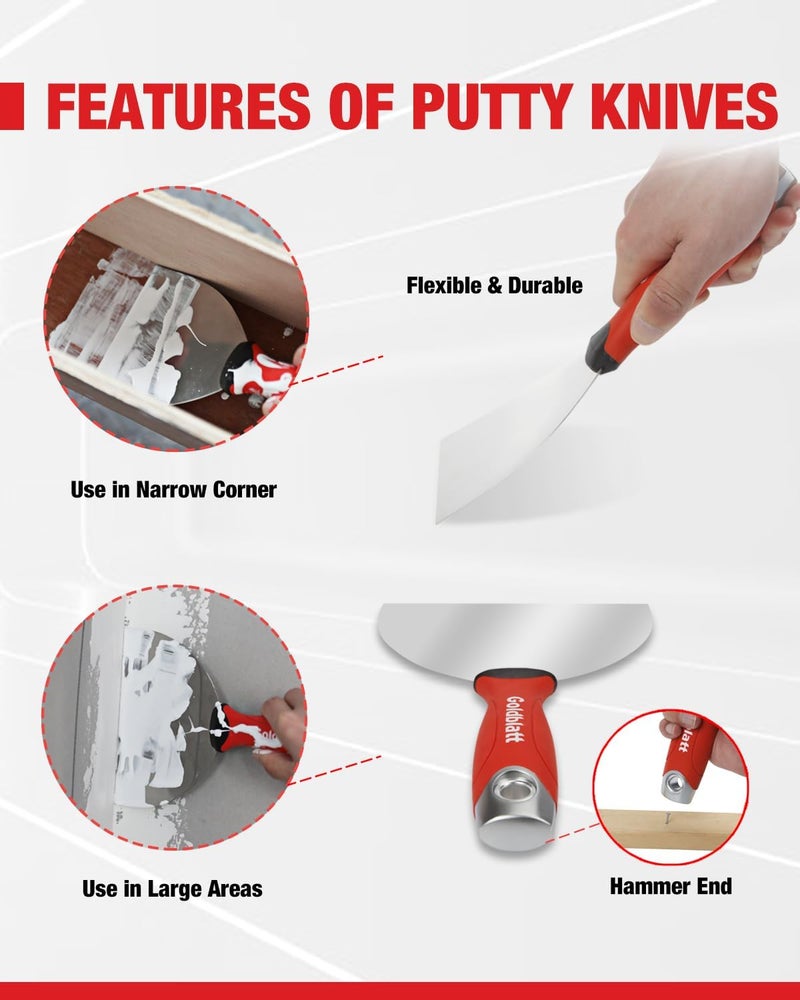 Goldblatt Drywall Hand Tool Kit - 14 in 1, 6 Pieces Stainless Steel Joint Knife, Taping Knives, Paniter Scraper, Mud Pan - Image 4