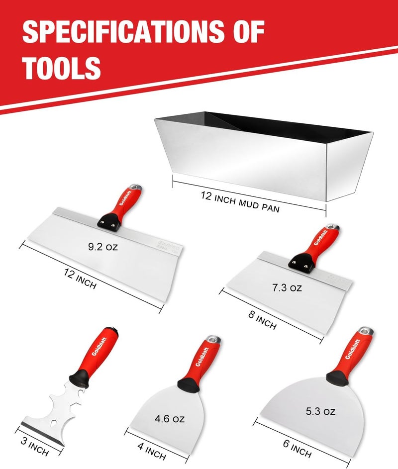 Goldblatt Drywall Hand Tool Kit - 14 in 1, 6 Pieces Stainless Steel Joint Knife, Taping Knives, Paniter Scraper, Mud Pan - Image 5