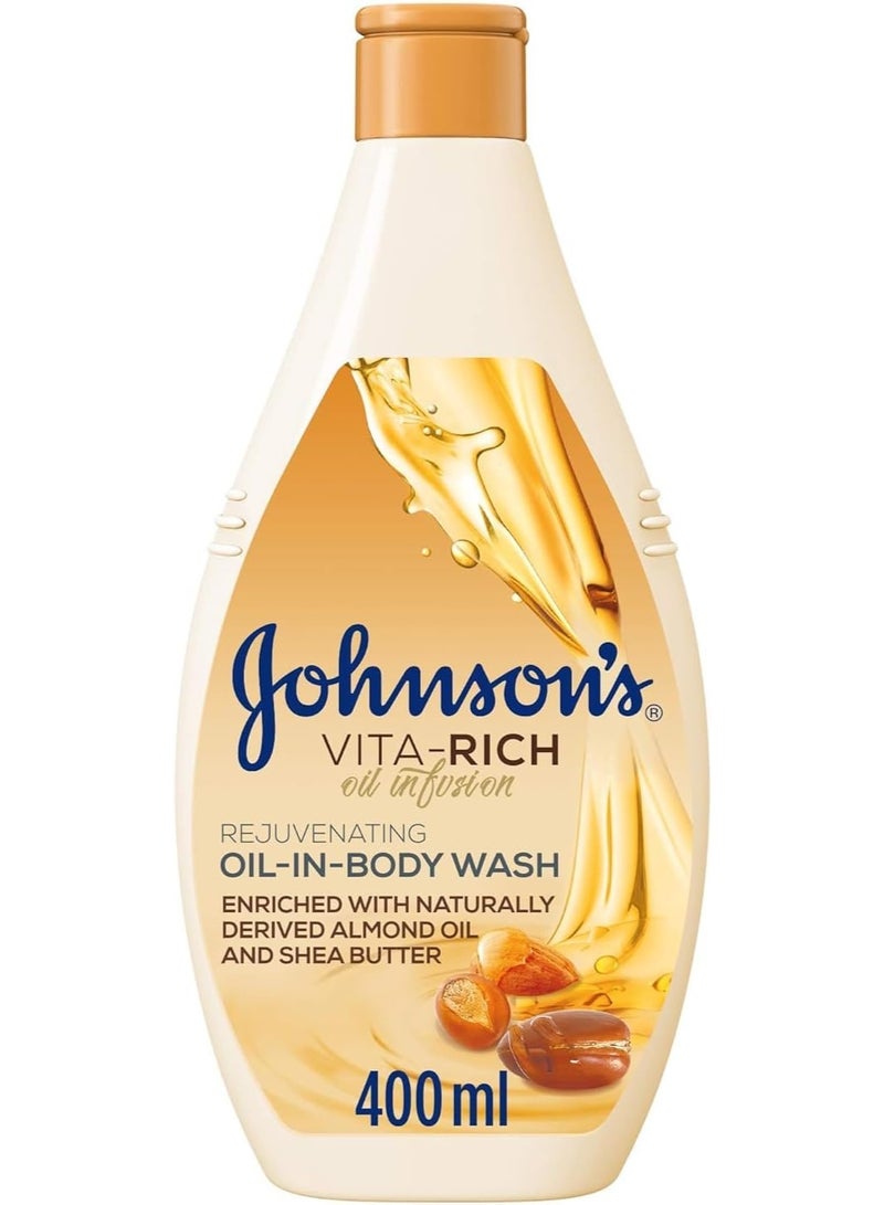 Johnson's Oil-In-Body Wash, Vita-Rich - Rejuvenating,  Nourishes And Softens The Skin For 24-Hour Hydration, Enriched with  almond oil & shea butter, 400ml - Image 1