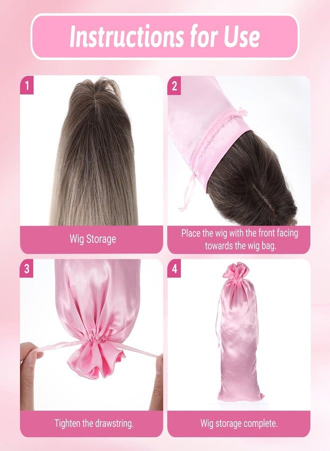 Alrhso 4 Pcs Satin Wig Bags with Drawstring Pink Wig Storage Bags for Wigs and Hair Extension Tools (13.5x9.8 Inch) - Image 2