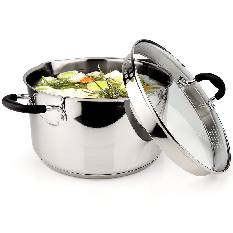AVACRAFT Stainless Steel Stockpot with Glass Strainer Lid 6 Quart Stock Pot Saucepan cookware Side Spouts Multipurpose Sauce Soup Induction Pan 5Ply Capsule Bottom 6QT