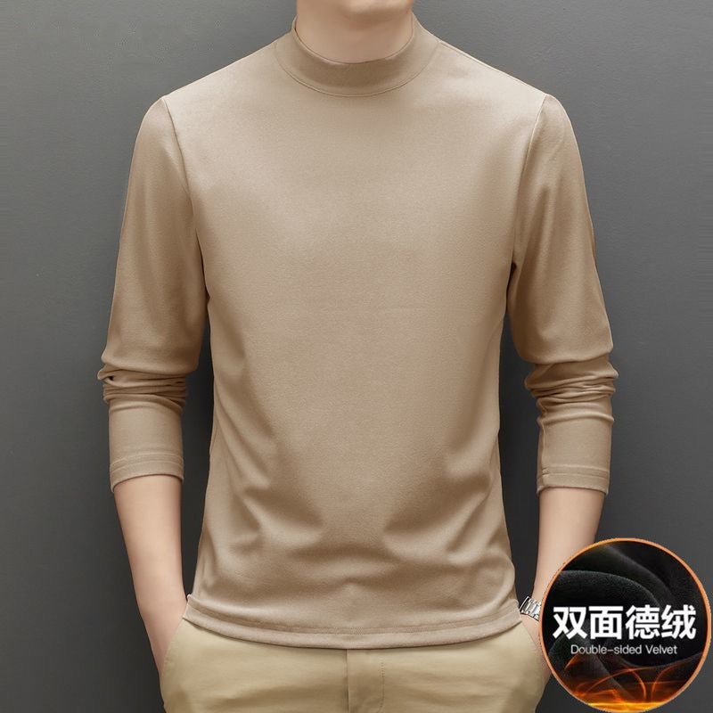 Factory wholesale German velvet semi-high collar bottoming shirt mens autumn and winter solid color fleece-lined double-sided velvet thermal underwear long sleeve Coffee - Image 3