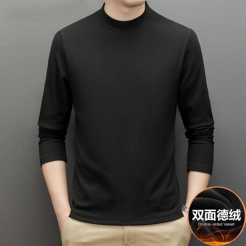Factory wholesale German velvet semi-high collar bottoming shirt mens autumn and winter solid color fleece-lined double-sided velvet thermal underwear long sleeve Coffee - Image 5