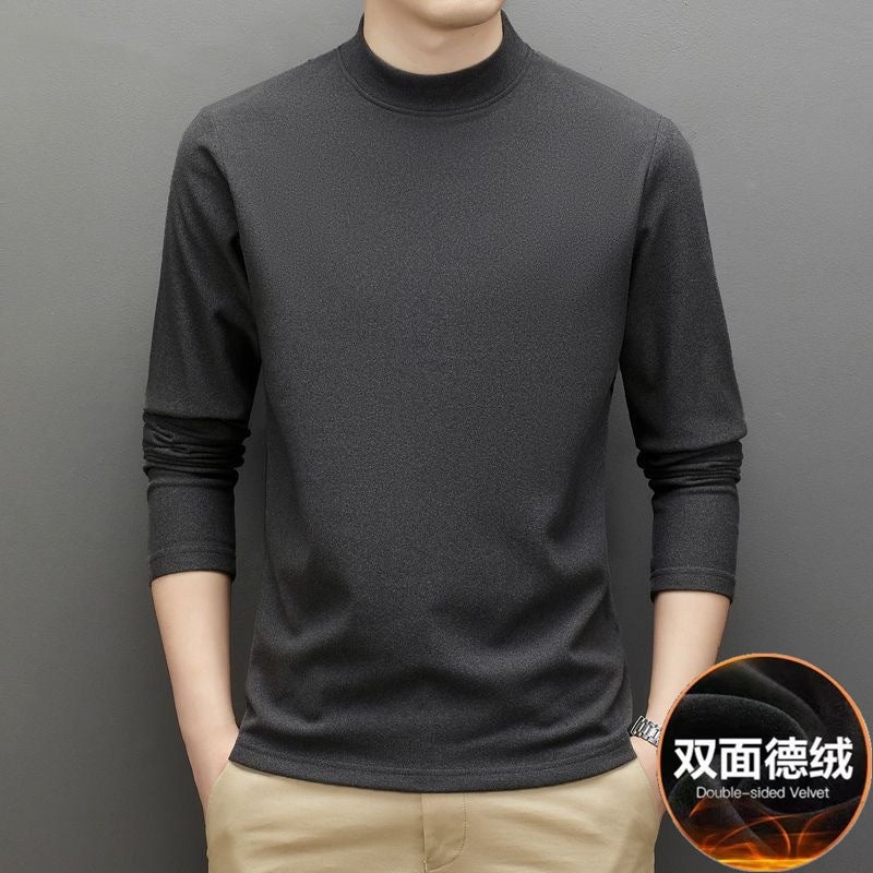 Factory wholesale German velvet semi-high collar bottoming shirt mens autumn and winter solid color fleece-lined double-sided velvet thermal underwear long sleeve Coffee - Image 4
