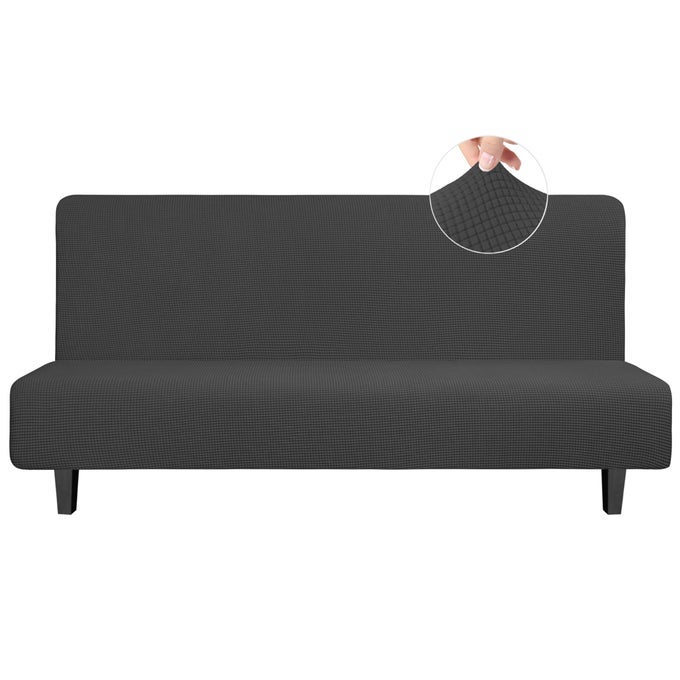 EasyGoing Stretch Futon Slipcover Armless Futon Bed Cover Furniture Protector Without Armrests with Elastic Bottom for Kids Soft Jacquard Fabric Small Checks Large Dark Gray