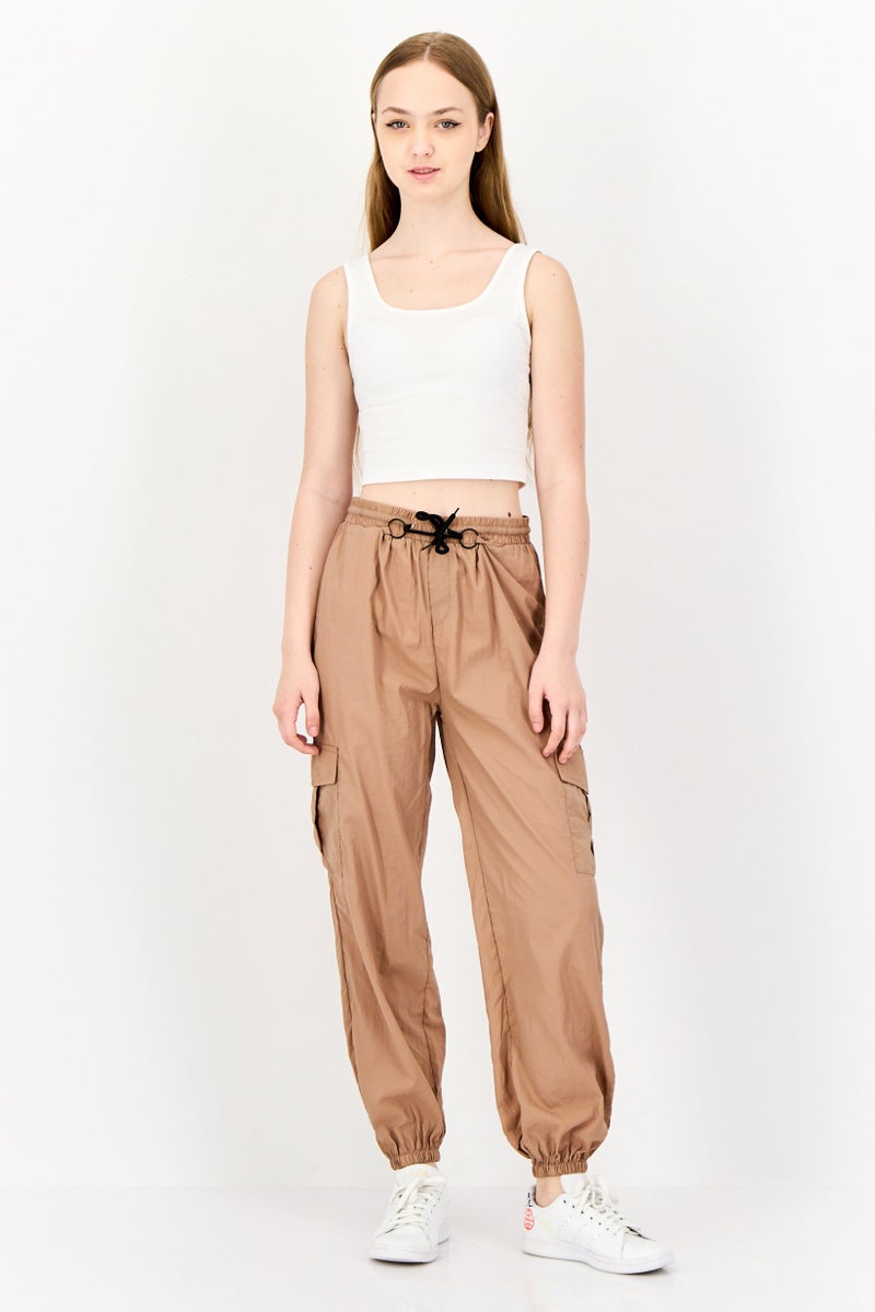 ONLY Women Regular Fit Plain Cargo Pant, Tan  - Image 4