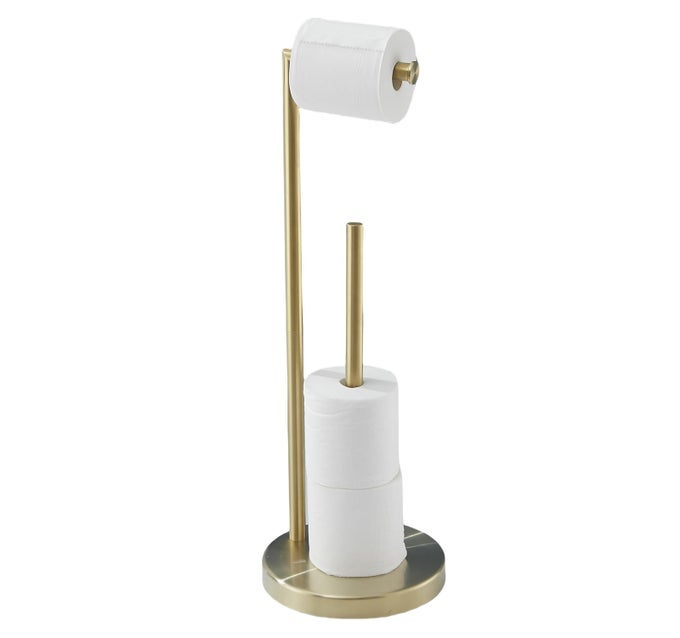 FREE STANDING TOILET PAPER ROLL HOLDER STAND WITH RESERVE GOLD BRUSHED