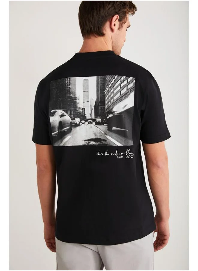 جريميلانج Grimelange Malik Men's Cotton Printed and Embroidered Detail Short Sleeve Black T-Shirt