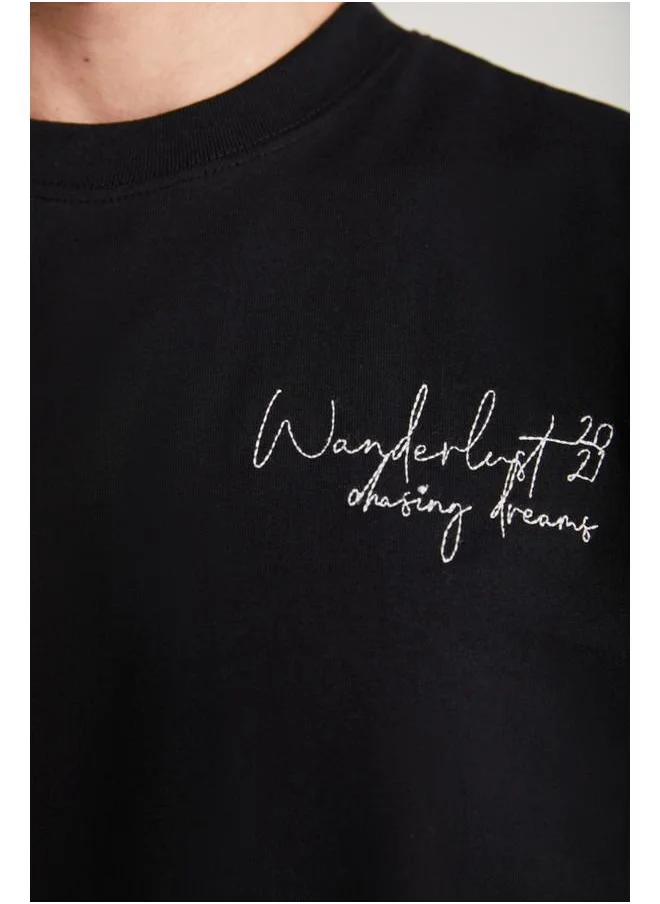 جريميلانج Grimelange Malik Men's Cotton Printed and Embroidered Detail Short Sleeve Black T-Shirt