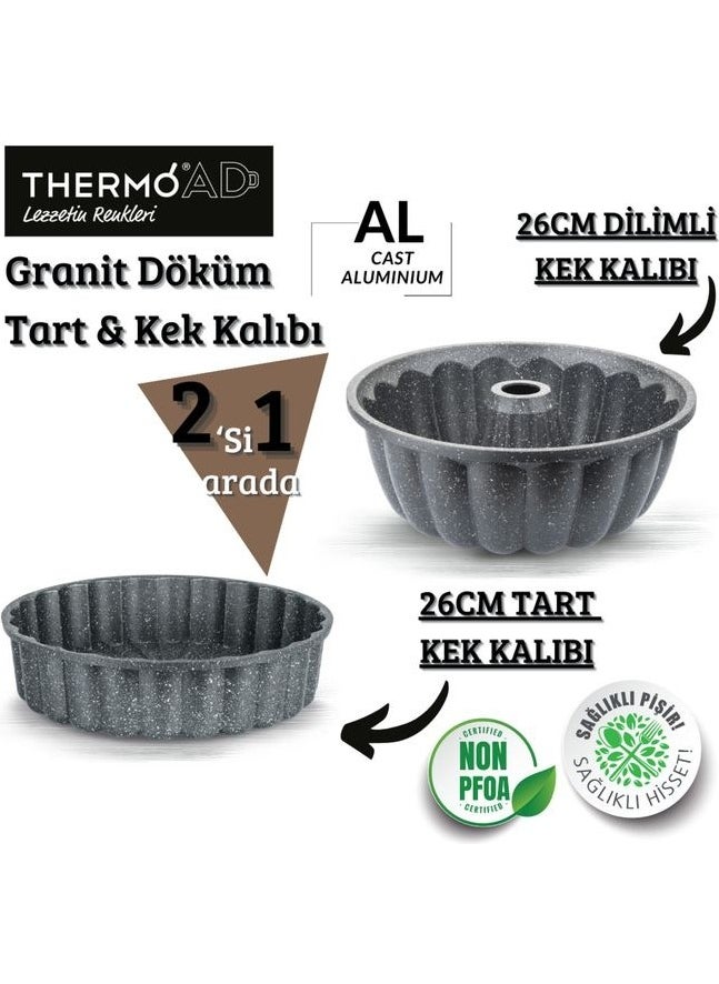 ThermoAD Gray Set Aluminum Casting 2 Piece Sliced and Tart Cake Mold 26 Cm Dense Sliced Dowry Set Granite  - Image 2
