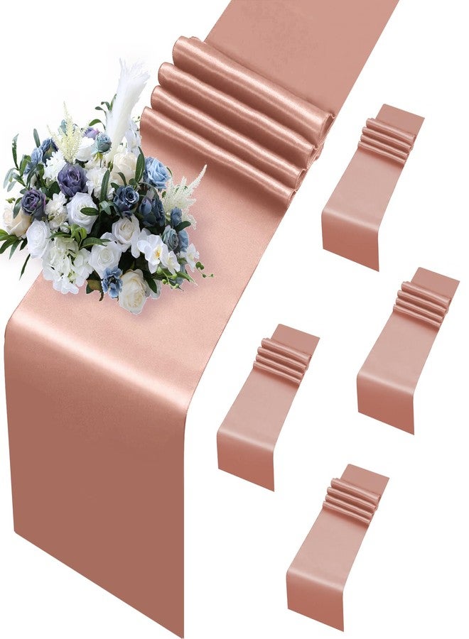 MILVOWOC 5 Pack Rose Gold Satin Table Runners, 12 x 108 Inch Bright Satin Silk Table Runner Smooth Fabric Decorative Table Runner for Wedding Banquet Party Birthday Graduation - Image 1