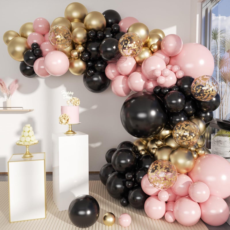 MEBAY Black Pink and Gold Balloon Garland Arch Kit, 156 Pastel Pink Matte Black Metallic Gold Balloons for Women Girls Party Birthday Wedding Bridal Shower Bachelorette Anniversary Graduations - Image 1