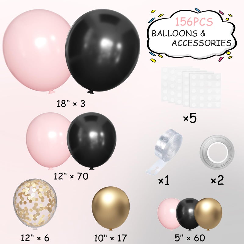 MEBAY Black Pink and Gold Balloon Garland Arch Kit, 156 Pastel Pink Matte Black Metallic Gold Balloons for Women Girls Party Birthday Wedding Bridal Shower Bachelorette Anniversary Graduations - Image 2