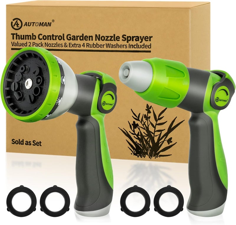AUTOMAN Garden Hose Nozzle - 2 Pack, Thumb Control Sprayer, Durable Slip-Resistant Water Nozzle, Extra 4 Washers, for Watering Plants Lawn & Garden, Cleaning, Washing Car, Showering Pets - Image 1