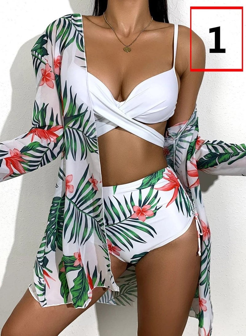 KASTWAVE Women Swimsuit, Floral Tropical High Waist Wrap Swimsuit with Beach Kimono Cover Ups, 3 Piece Swimwear Padded Bikini Bathing Suit Set, Fashion Swimwear Cover for Women (L) - Image 3