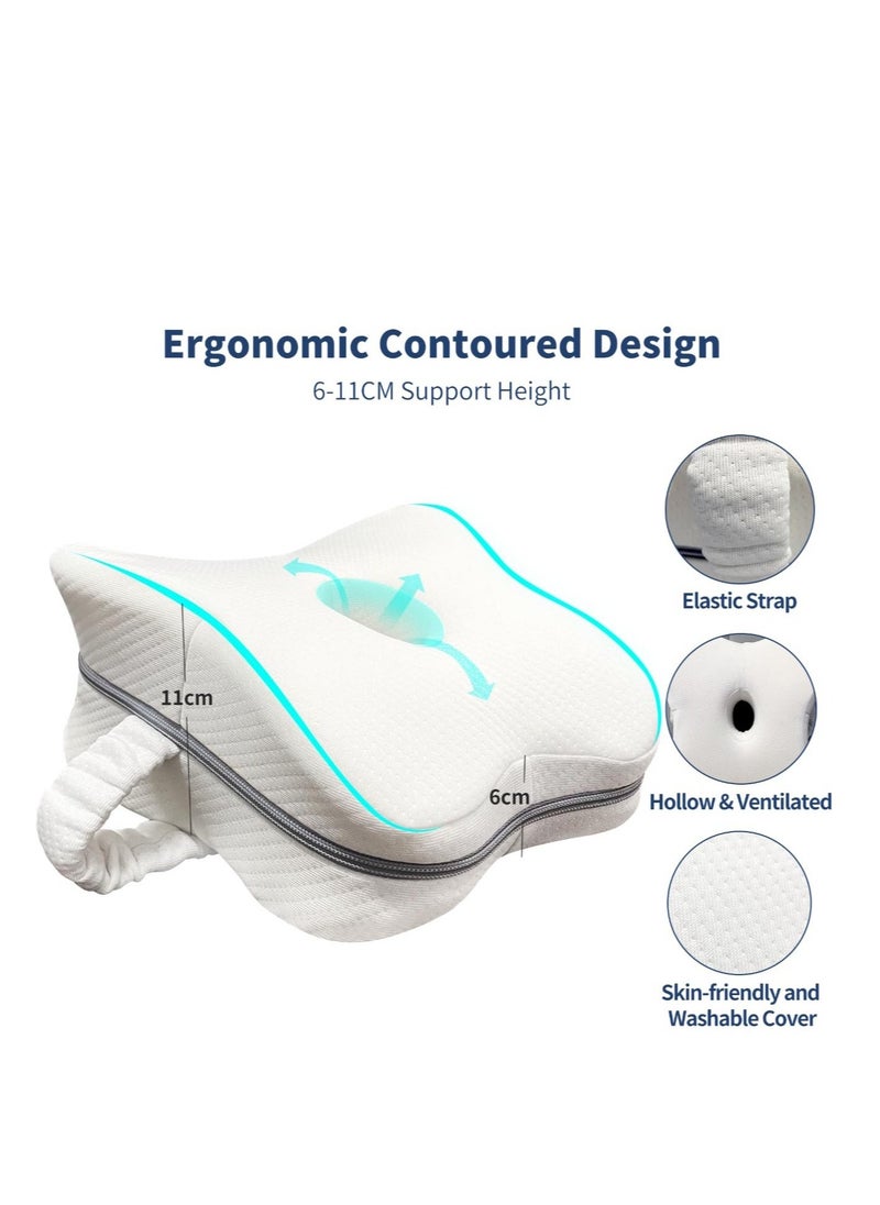 Memory Foam Knee Pillow for Side Sleepers, Ergonomic Contoured Support for Back, Hips, Knees , Pain Relief for Pregnancy, Sciatica ,Breathable Cover, Elastic Strap - Image 1
