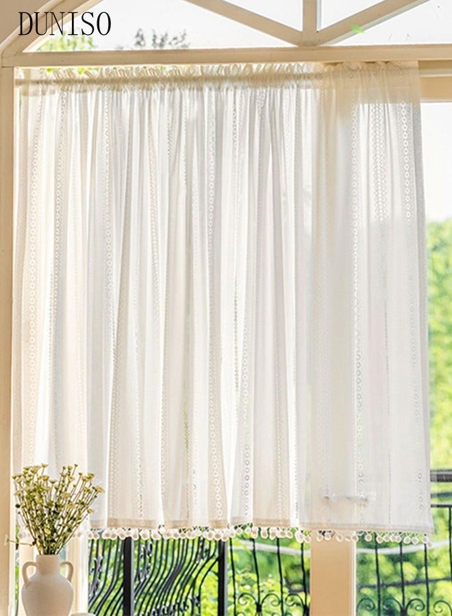 Bukela Boho Tassel Crochet Curtains for Kitchen Living Room Vintage Rod Pocket Bohemian Curtains Geometry Striped Knitted Lace Curtains 140*70 CM - Image 1