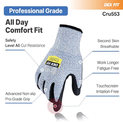 DEX FIT Level 5 Cut Resistant Gloves Cru553, 3D-Comfort Stretchy Fit, Power Grip, Professional Grade, Thin, Touch-Screen Compatible, Durable, Machine Washable -Blue XS (6) 1 Pair - Image 4
